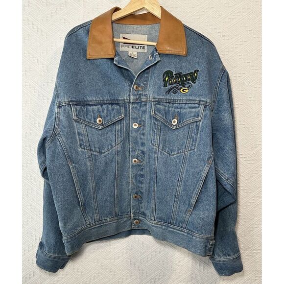 pro elite Jackets & Blazers - Vtg Pro Elite Mens Medium Green Bay Packers NFL Jean Denim Jacket Embroidered